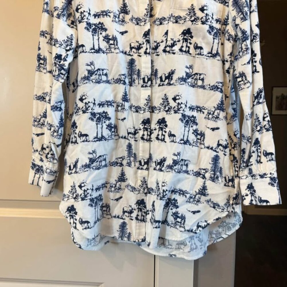 Women’s Blue/White Cotton Forest Theme Tunic Long Sleeve Flannel Top-Size S(6-8) - Picture 8 of 10